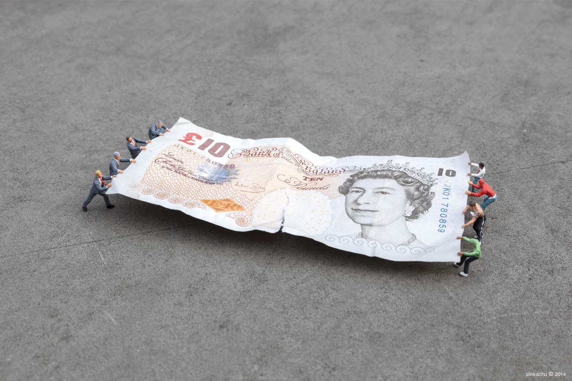 Slinkachu, Tug of War, Bank of England, London Slinkachu, Tug of War, Bank of England, London