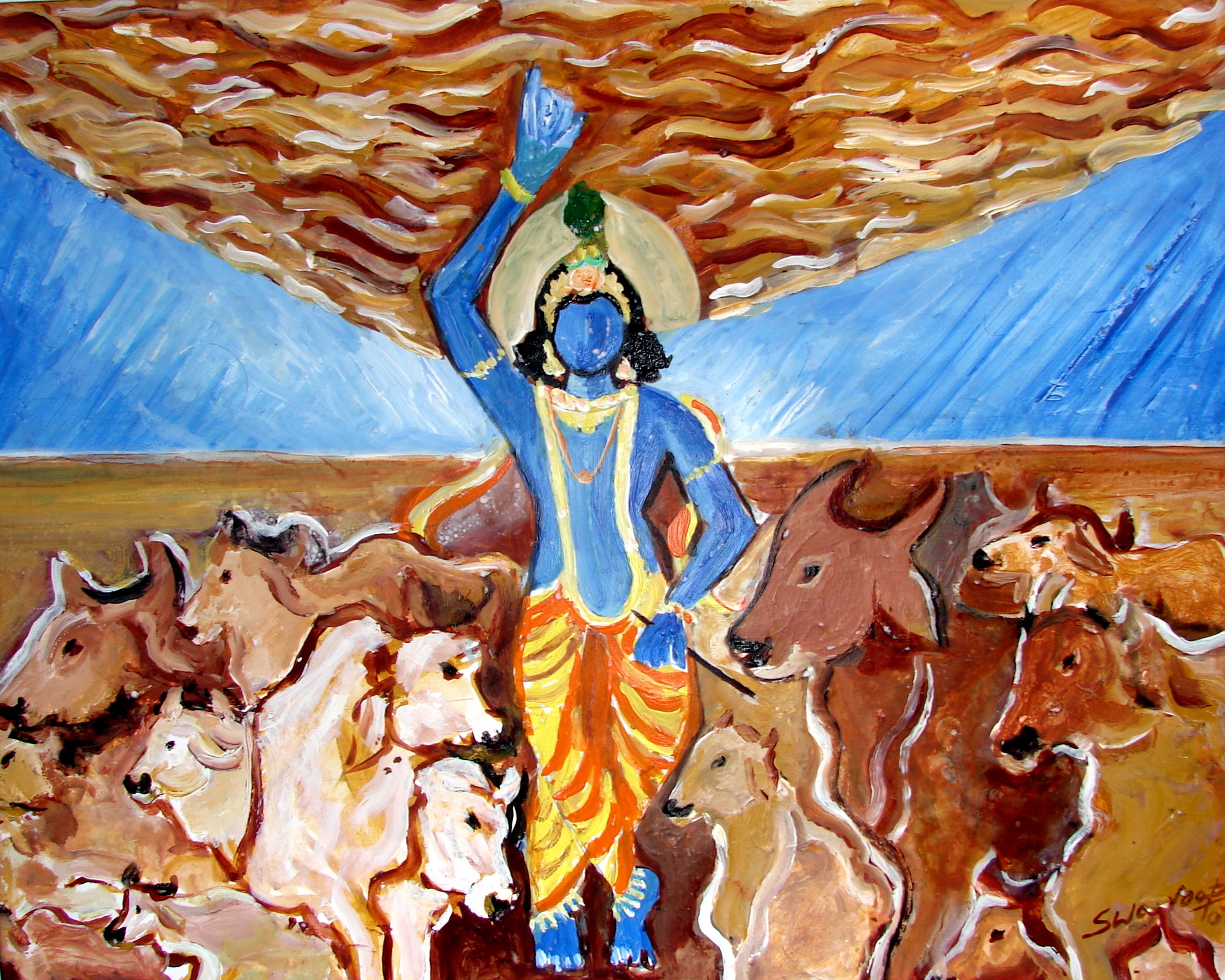 Krishna Lifts Giri Govardhan to Protect The People of Vrindavan from The  Torrential Rain - Reprint on Paper - Unframed : Amazon.in: Home & Kitchen