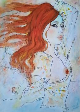 Painting, Portrait Fille aux cheveux volants, Sounya Whang