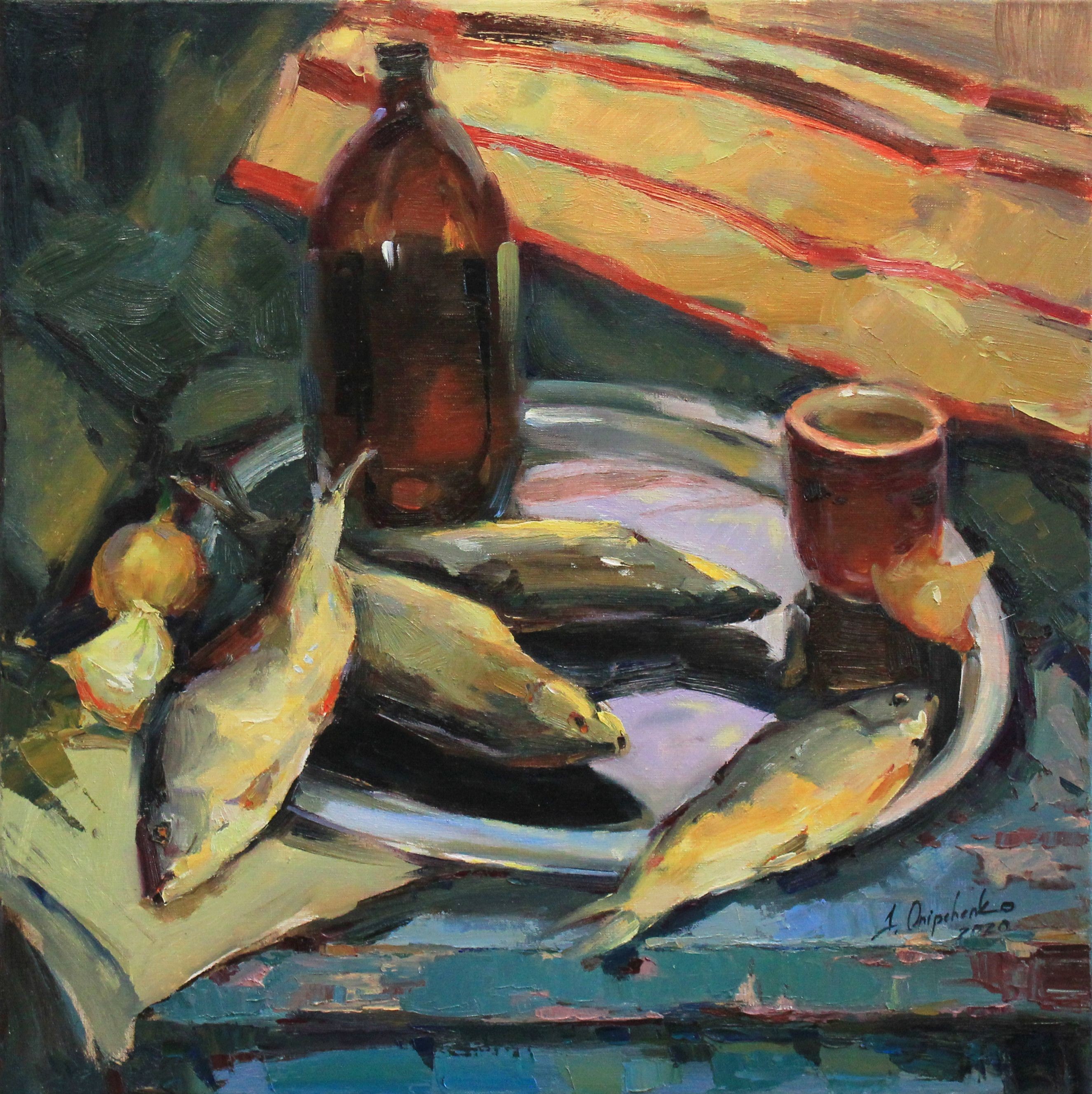 Alisa Onipchenko-Cherniakovska, Still life with fish, Painting, Oil on Canvas Alisa Onipchenko-Cherniakovska, Still life with fish, Painting, Oil on Canvas