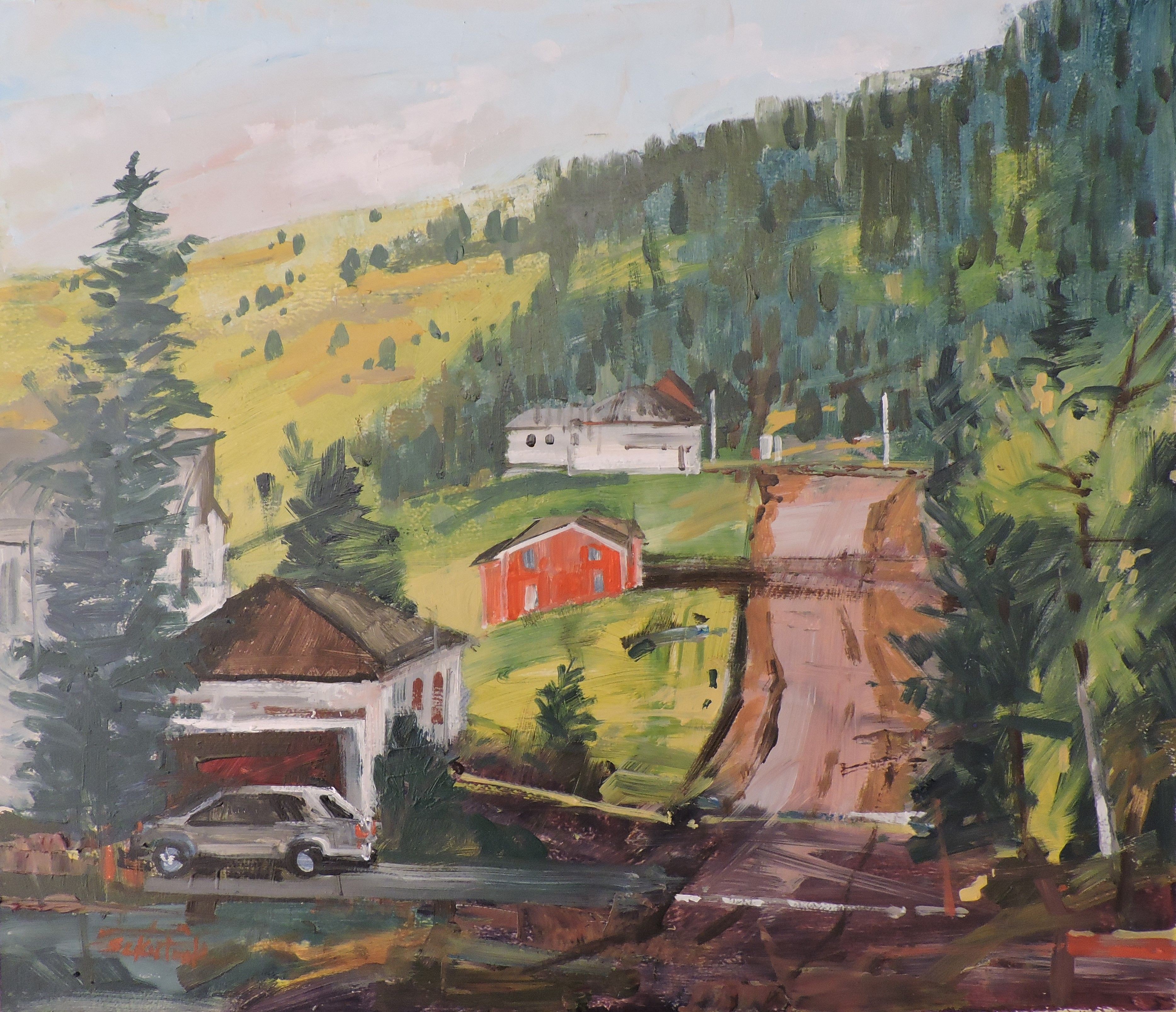 Richard Szkutnik, Red Building, Painting, Oil on Wood Panel Richard Szkutnik, Red Building, Painting, Oil on Wood Panel