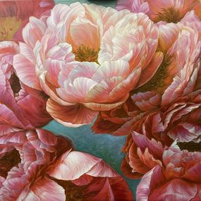 Painting, Red peonies on a turquoise background, Elena Podmarkova