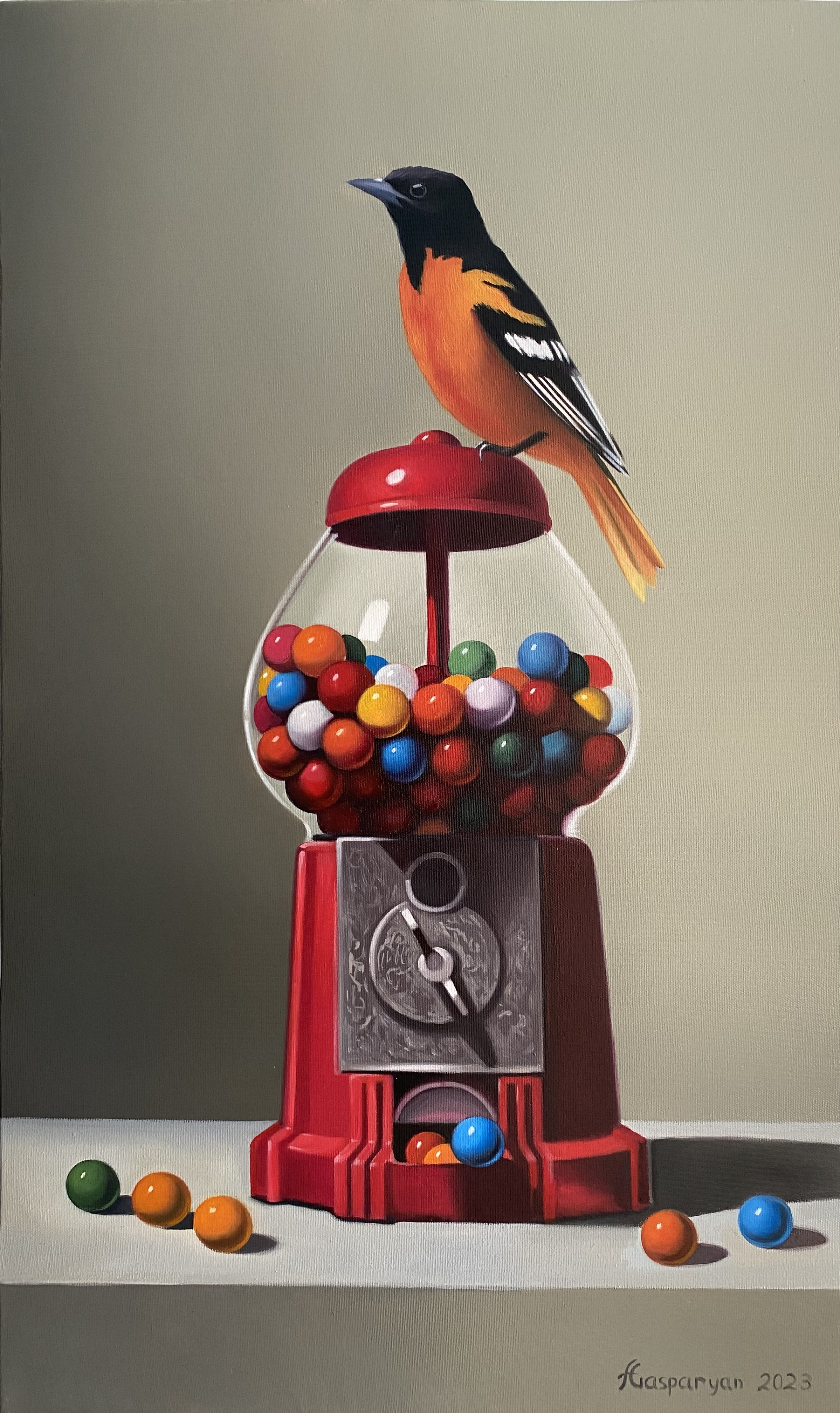 Ara Gasparyan, Still life with bird and colorful balls Ara Gasparyan, Still life with bird and colorful balls