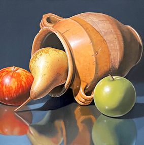 Painting, Pot, deux pommes, poire, Valéry Vecu Quitard