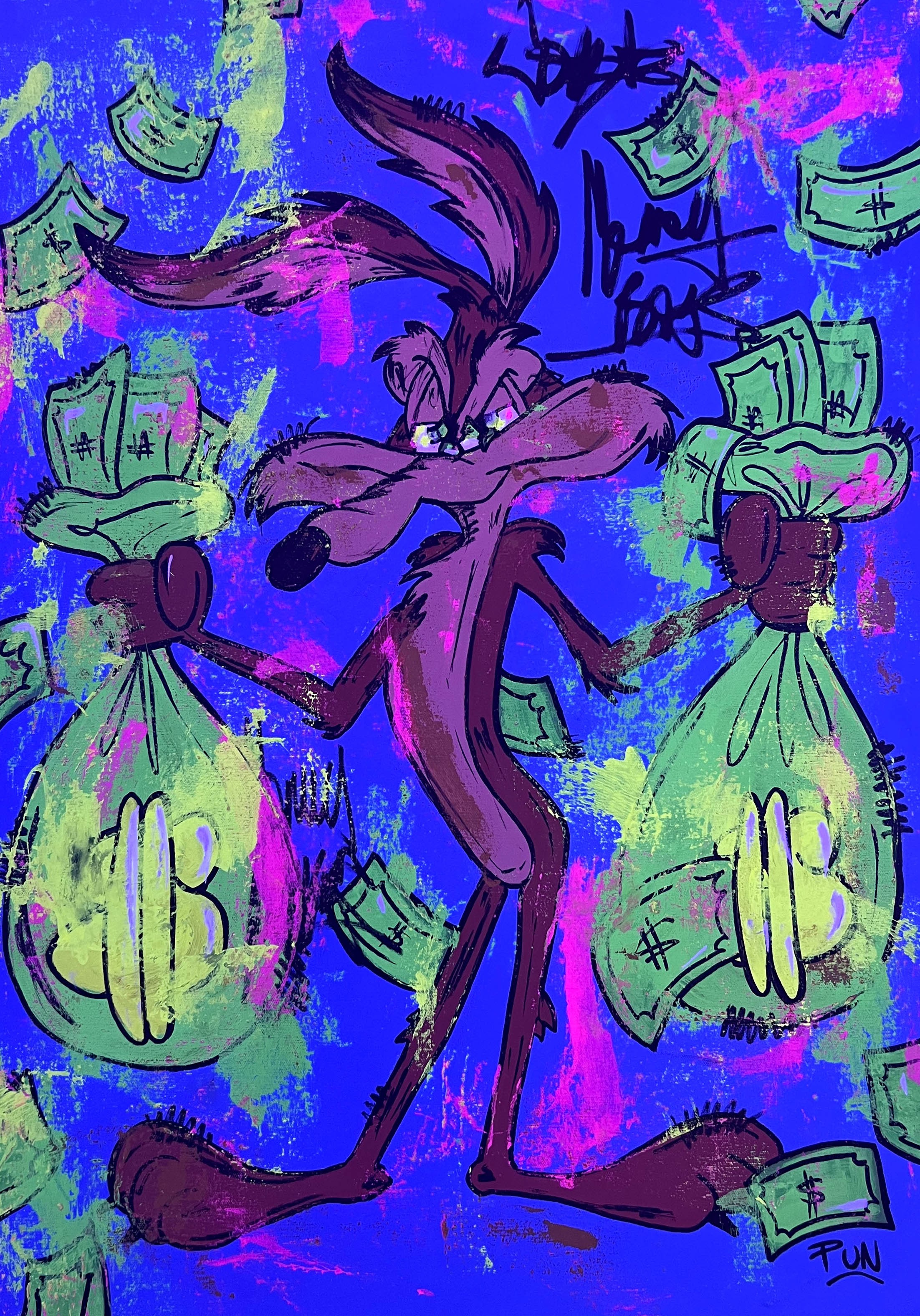 Wile E Coyote money bags by Carlos Pun Art, 2020 | Painting | Artsper ...
