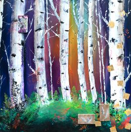 Gemälde, La forêt enchantée - série Paysage imaginaire et porcelaine, Isabelle Lafargue