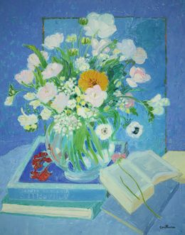 Bouquet et livres sur le fond bleu 90, Daniel Couthures
