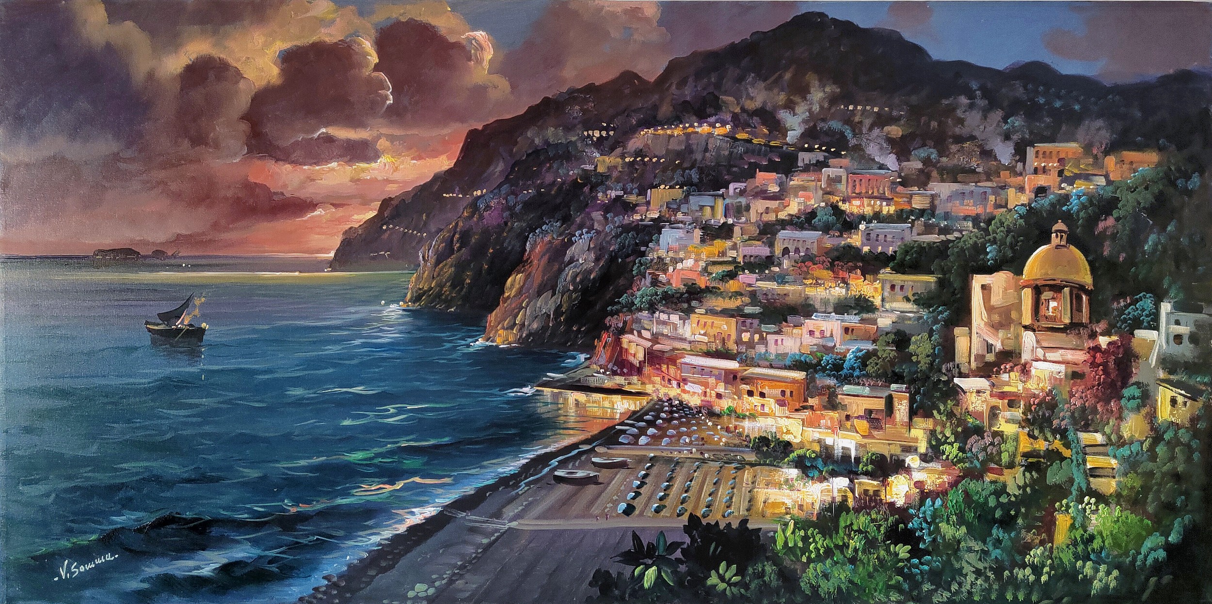 Vincenzo Somma, Positano coast sunset - Southern Italy painting Vincenzo Somma, Positano coast sunset - Southern Italy painting