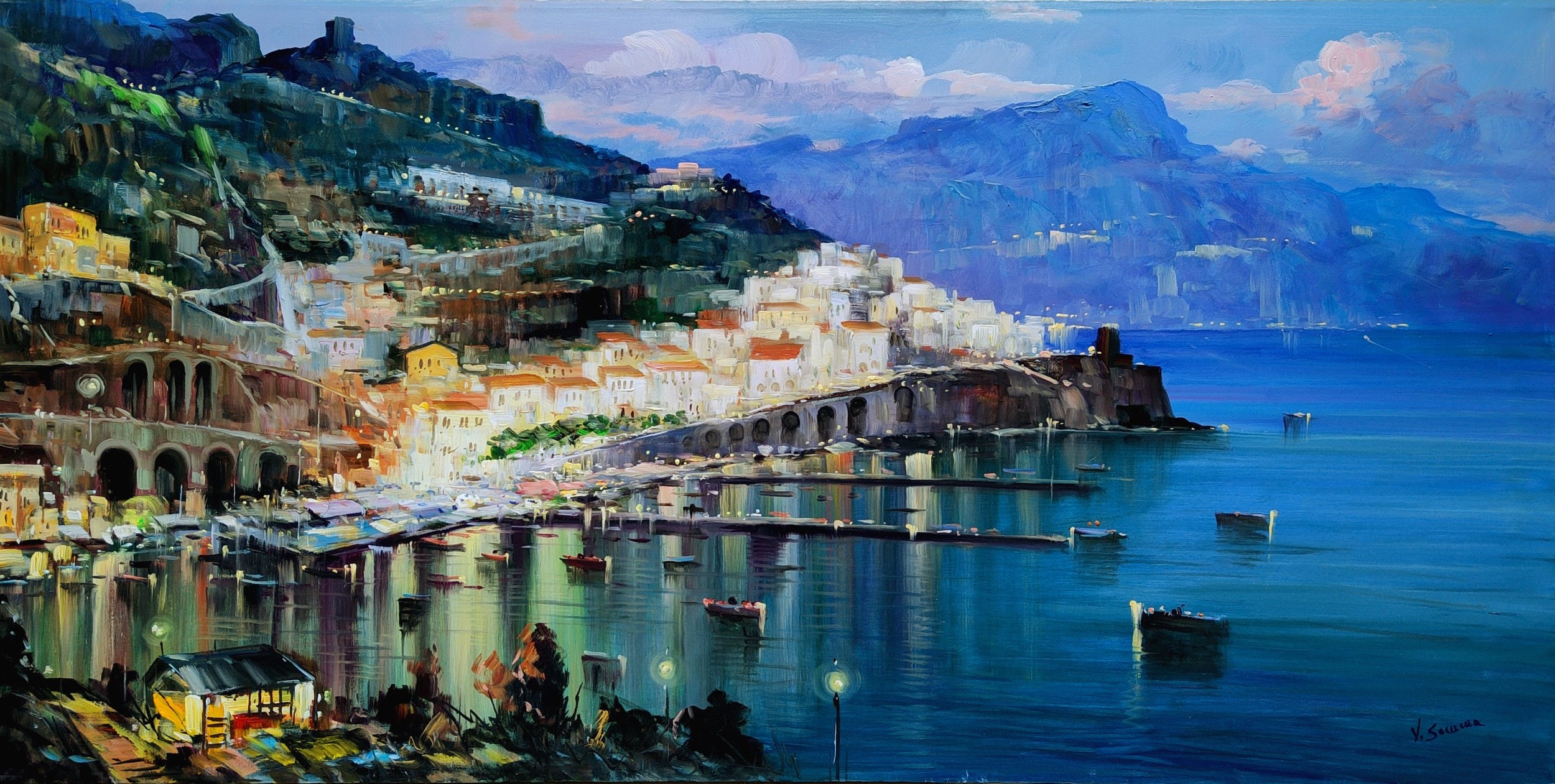 Vincenzo Somma, Amalfi by night - Southern Italy painting Vincenzo Somma, Amalfi by night - Southern Italy painting