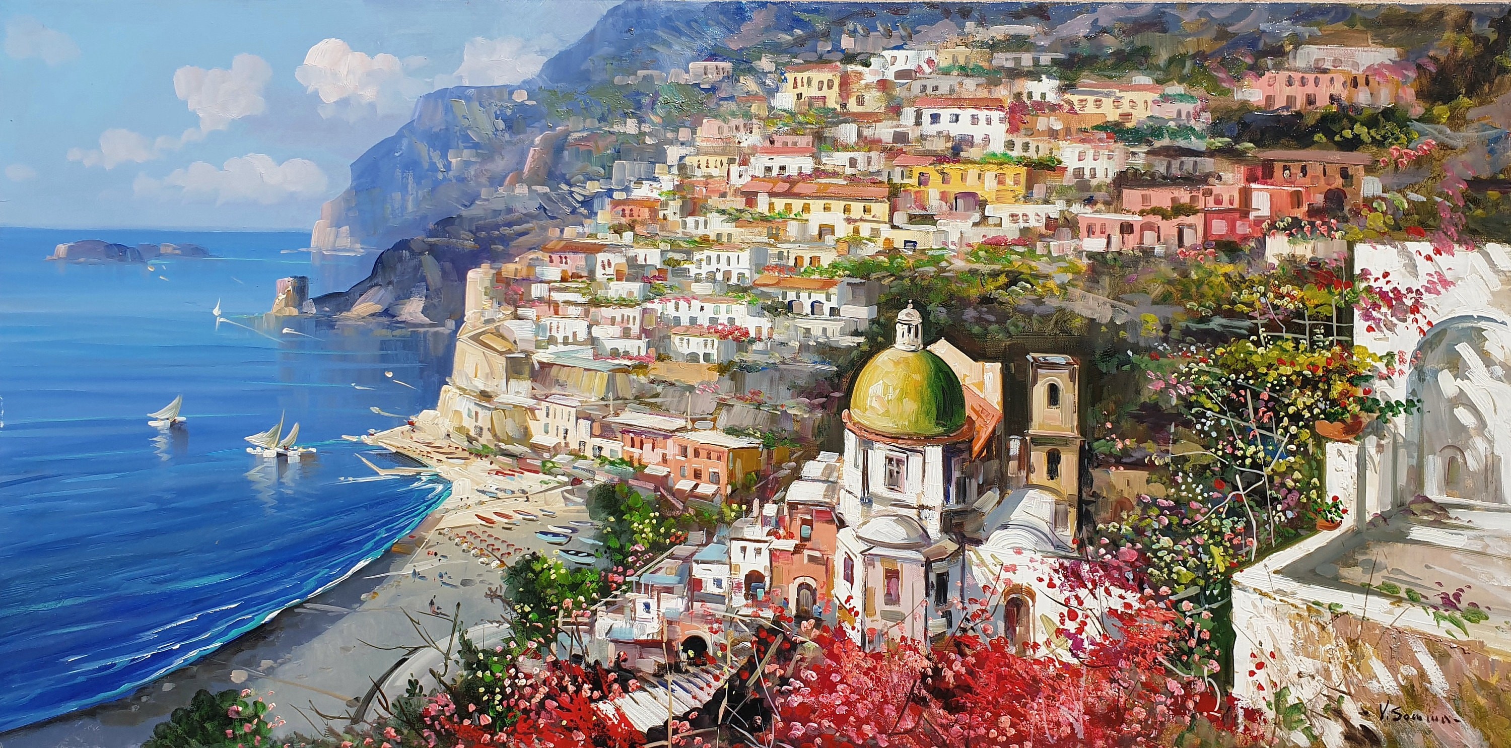 Vincenzo Somma, Positano panorama - Southern Italy painting Vincenzo Somma, Positano panorama - Southern Italy painting