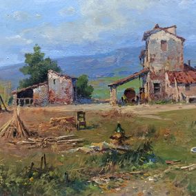 Peinture, Farmhouse with sheaf - Tuscany painting landscape, Claudio Pallini