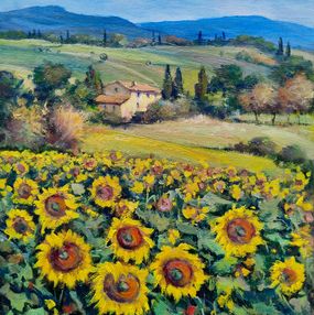 Gemälde, Sunflowers carpet - Tuscany painting landscape, Bruno Chirici