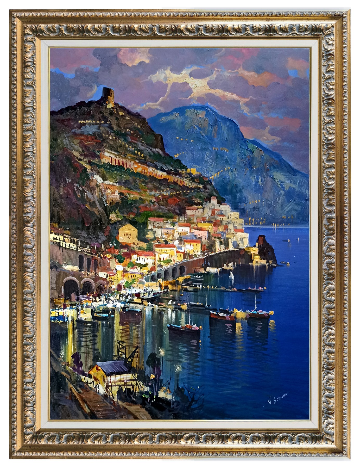 Vincenzo Somma, Seaside by night - Amalfi vertical version painting & frame Vincenzo Somma, Seaside by night - Amalfi vertical version painting & frame