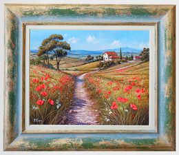 Gemälde, The path of daisies and poppies - Tuscany painting & frame, Raimondo Pacini