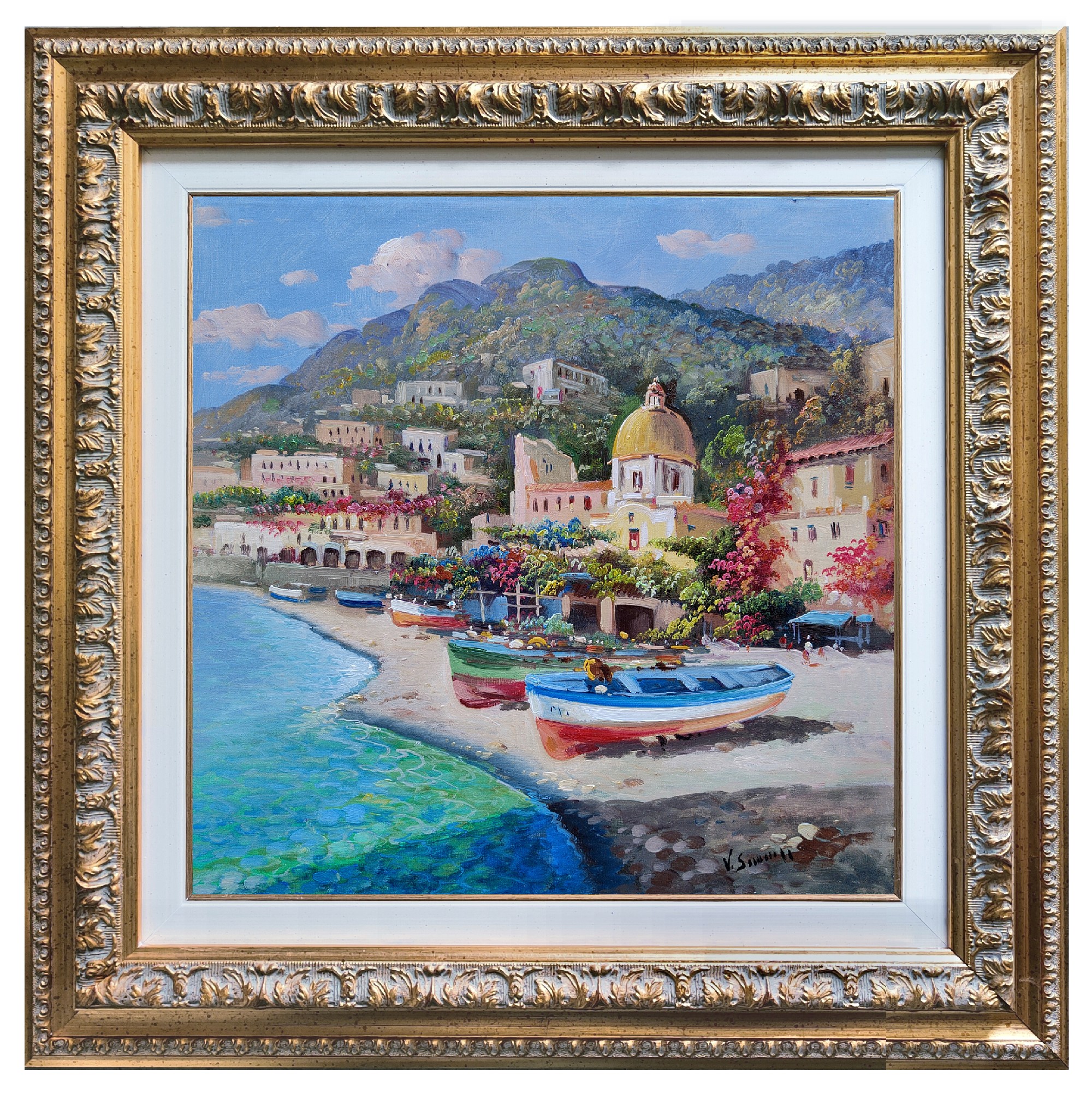 Vincenzo Somma, Boats on the Positano beach - Italy painting & frame Vincenzo Somma, Boats on the Positano beach - Italy painting & frame