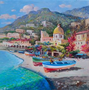 Painting, Boats on the Positano beach - Southern Italy painting, Vincenzo Somma