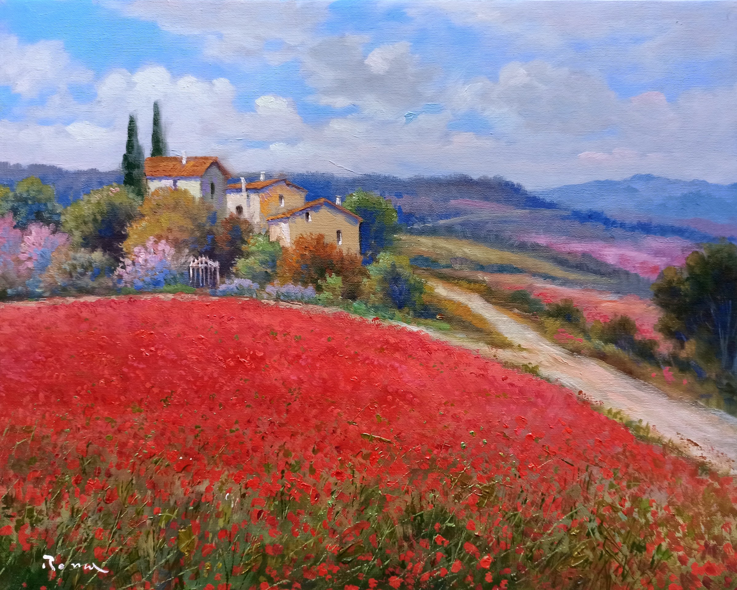 Domenico Ronca, Hill with poppies - Tuscany painting landscape Domenico Ronca, Hill with poppies - Tuscany painting landscape