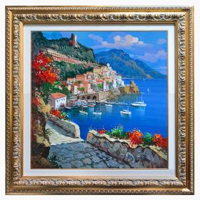 Peinture, Descent to Amalfi square version - Amalfitan Coast painting & frame, Vincenzo Somma