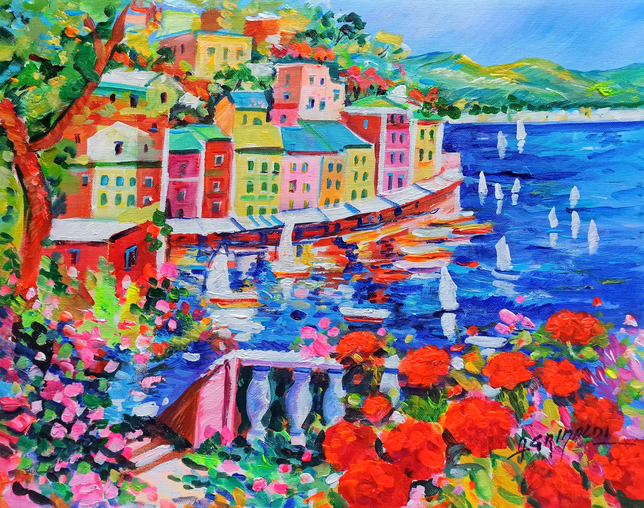 Alfredo Grimaldi, Portofino descent with flowers - Cinque Terre Italy painting Alfredo Grimaldi, Portofino descent with flowers - Cinque Terre Italy painting
