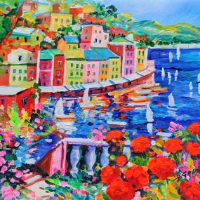 Gemälde, Portofino descent with flowers - Cinque Terre Italy painting, Alfredo Grimaldi