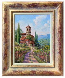 Painting, The hamlet vineyard - Tuscany landscape painting & frame, Domenico Ronca