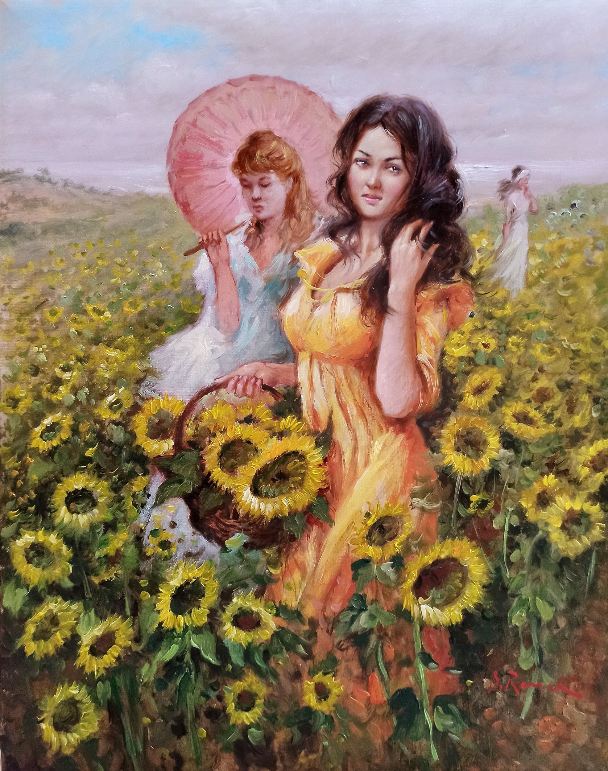 Domenico Ronca, Girls between sunflowers - Italian painting Domenico Ronca, Girls between sunflowers - Italian painting