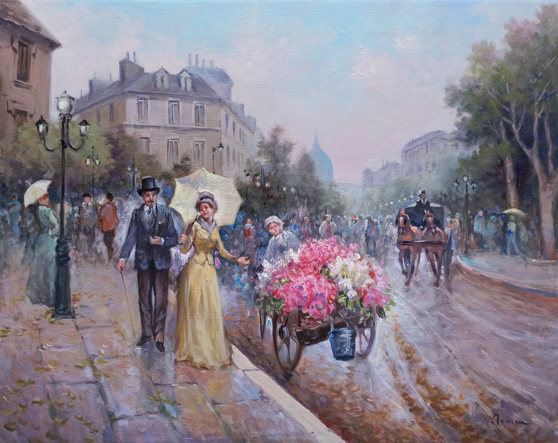 Domenico Ronca, The handcart or flowers - France Belle Epoque painting Domenico Ronca, The handcart or flowers - France Belle Epoque painting