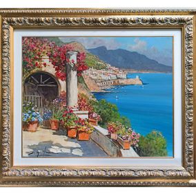 Gemälde, Terrace with flowers - Amalfi seaside & frame, Gianni Di Guida