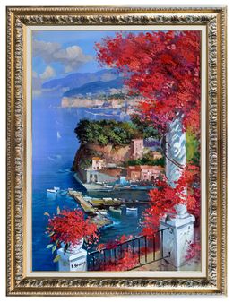 Gemälde, Sorrento lookout on the gulf - Southern Italy painting & frame, Vincenzo Somma