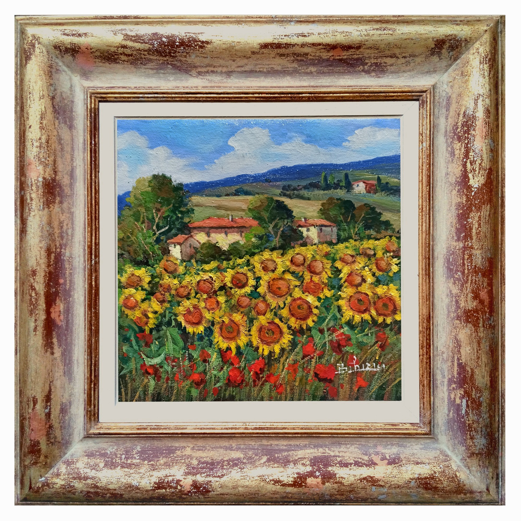 Bruno Chirici, Sunflowers & Poppies - Tuscany painting landscape + handmade frame Bruno Chirici, Sunflowers & Poppies - Tuscany painting landscape + handmade frame