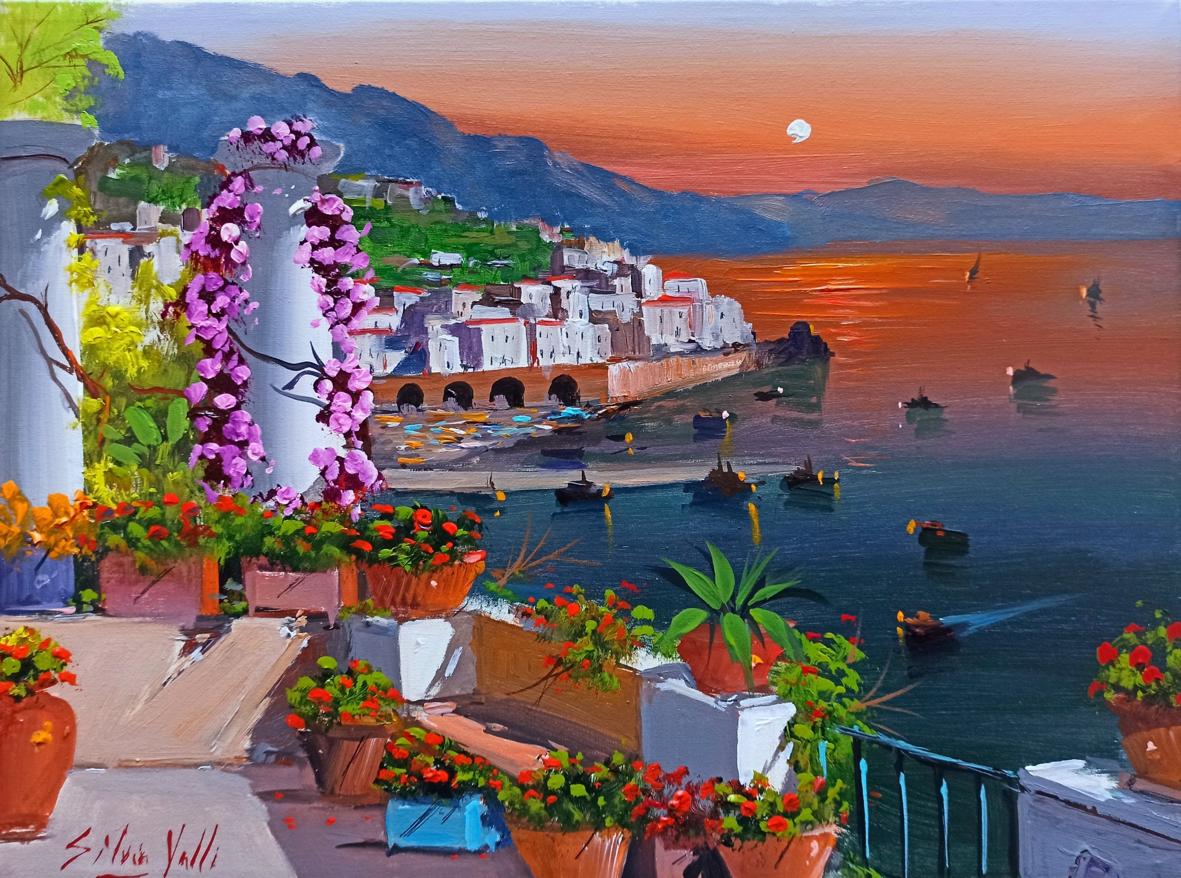 Silvio Valli, Amalfi sunset seaside - Southern Italy painting Silvio Valli, Amalfi sunset seaside - Southern Italy painting