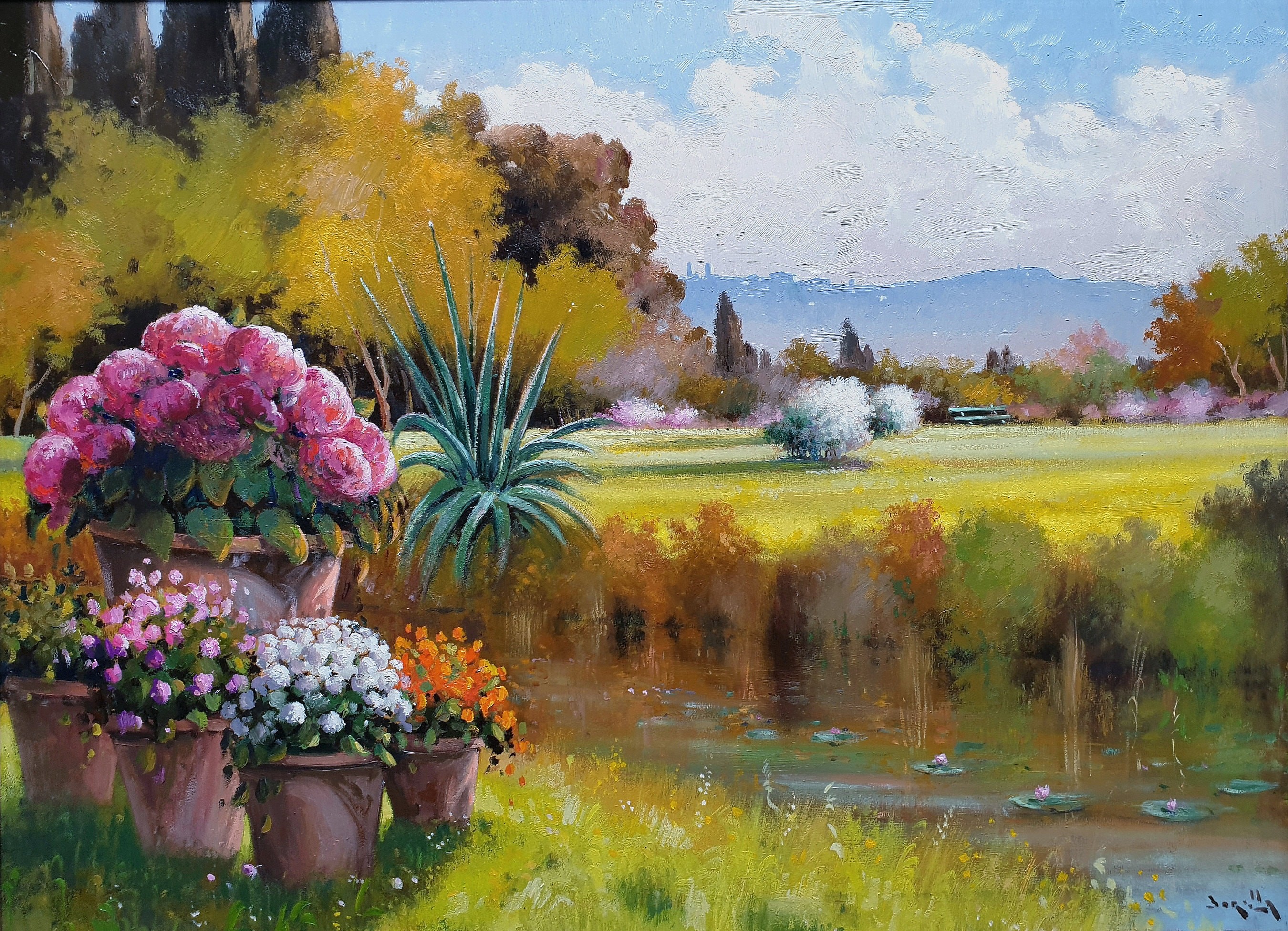Andrea Borella, Garden with pond - Italian villas painting Andrea Borella, Garden with pond - Italian villas painting
