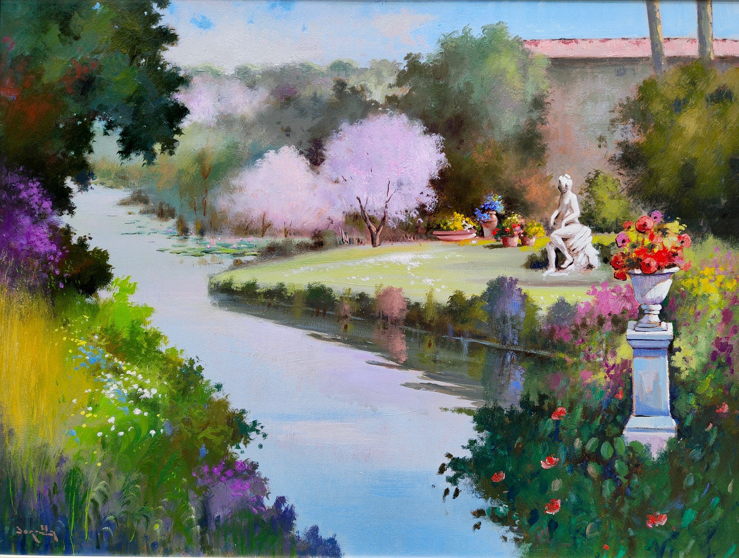 Andrea Borella, Garden with stream - Italian villas painting Andrea Borella, Garden with stream - Italian villas painting