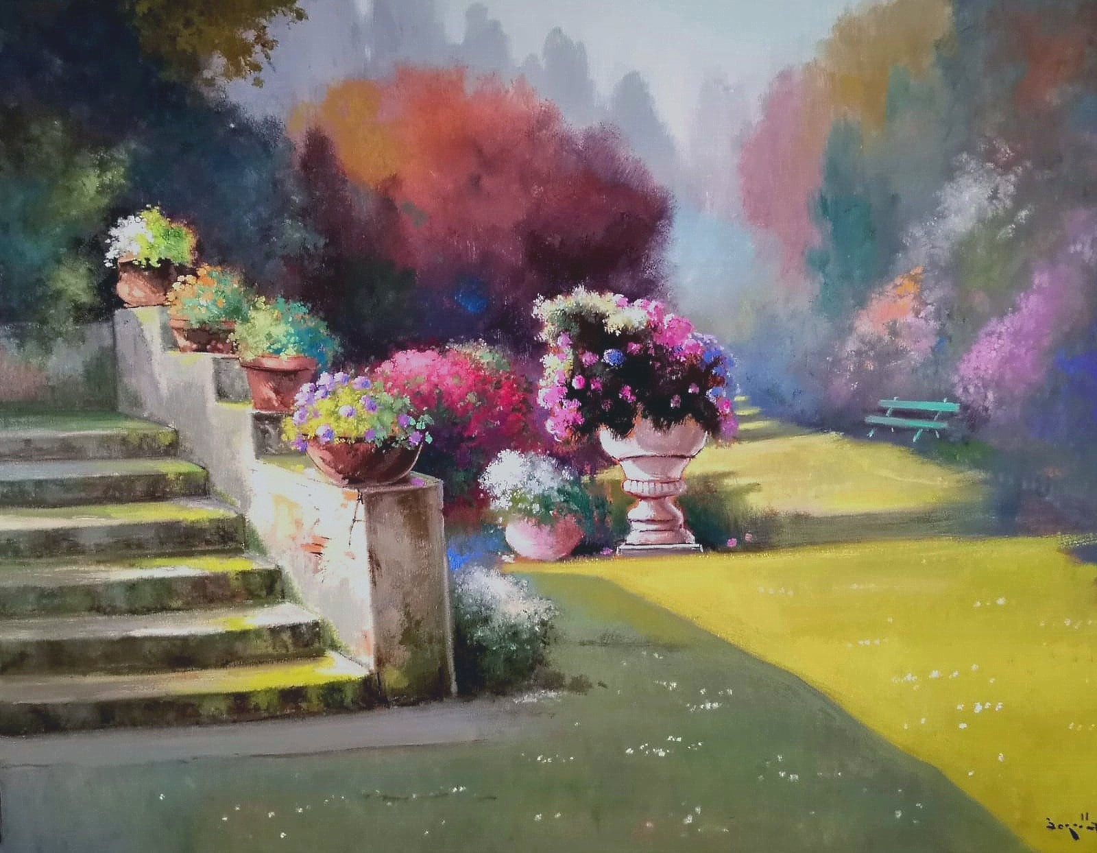 Andrea Borella, Flowered garden with stairs - Italian villas painting Andrea Borella, Flowered garden with stairs - Italian villas painting