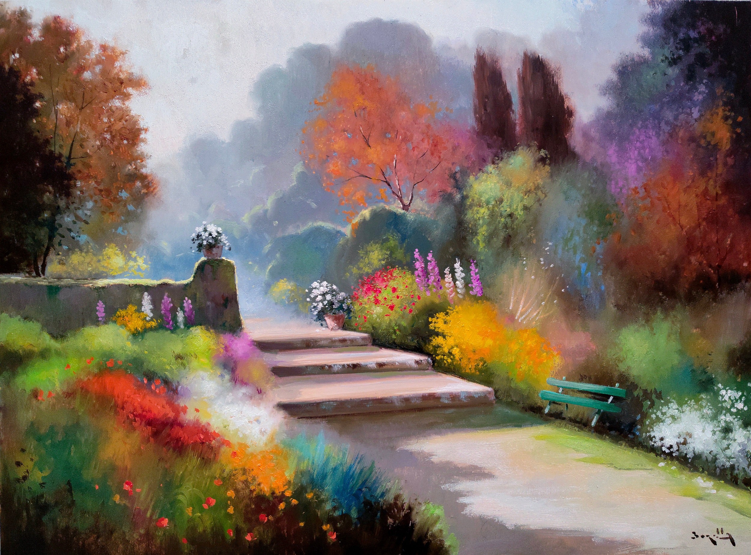 Andrea Borella, Flowered garden - Italian villas painting Andrea Borella, Flowered garden - Italian villas painting