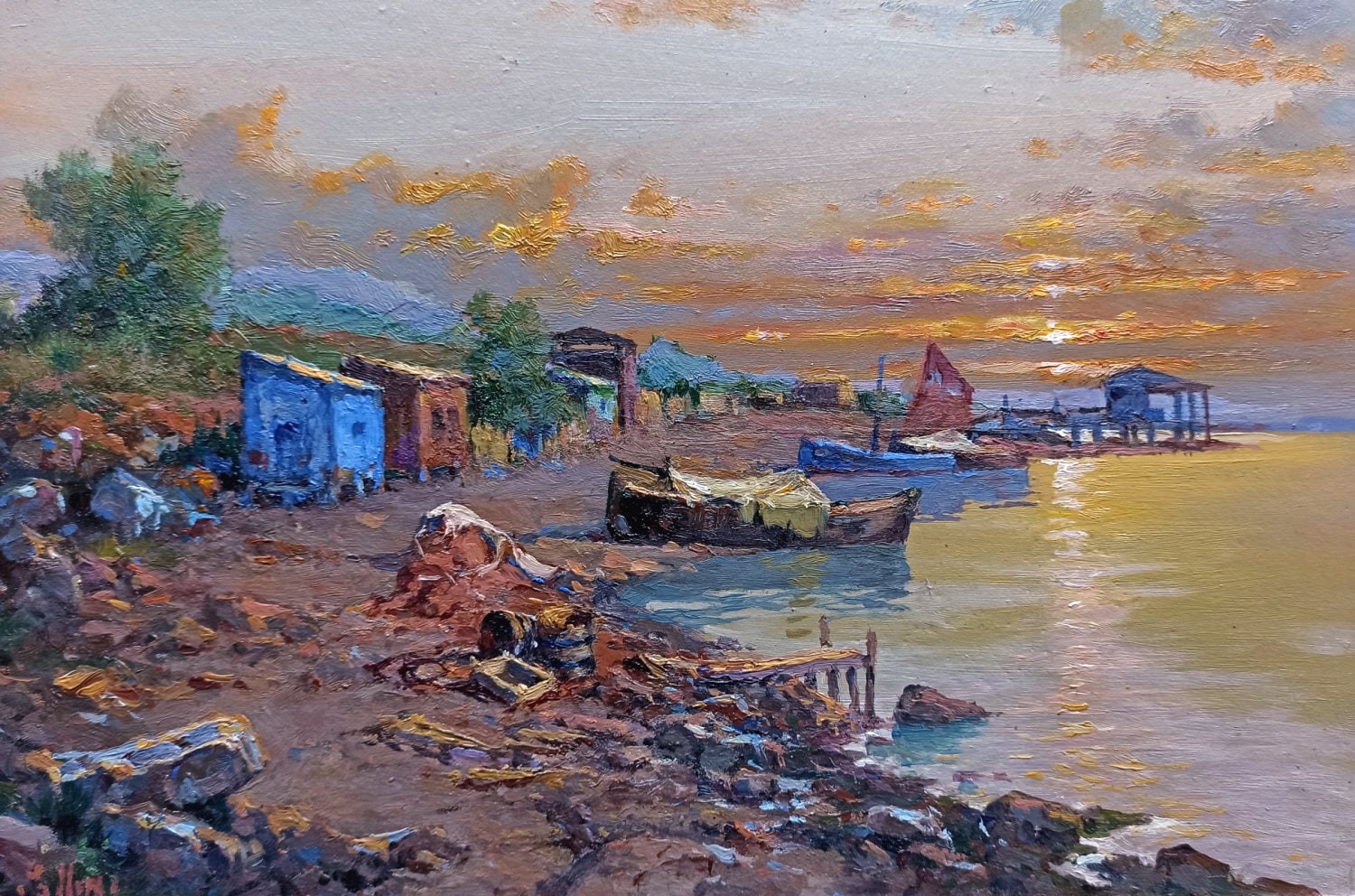 Claudio Pallini, Sunset on the river - Tuscany landscape painting Claudio Pallini, Sunset on the river - Tuscany landscape painting