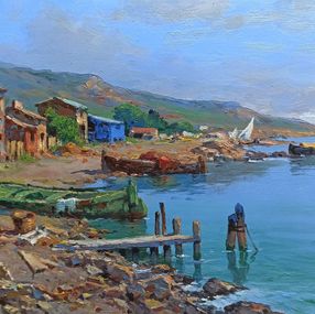 Painting, Marina with boats - Tuscany landscape painting, Claudio Pallini