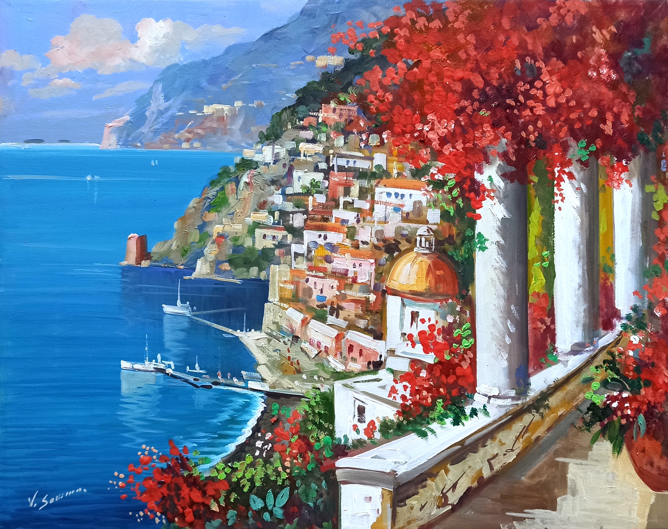 Vincenzo Somma, The town in bloom - Positano Italy painting Vincenzo Somma, The town in bloom - Positano Italy painting