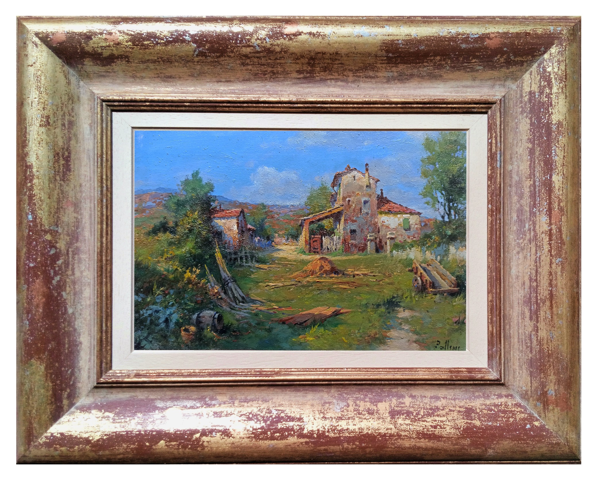 Claudio Pallini, Farm courtyard - Tuscany landscape painting & frame Claudio Pallini, Farm courtyard - Tuscany landscape painting & frame