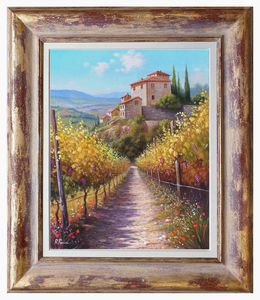Gemälde, Light in the vineyard - Tuscany landscape painting & frame, Raimondo Pacini