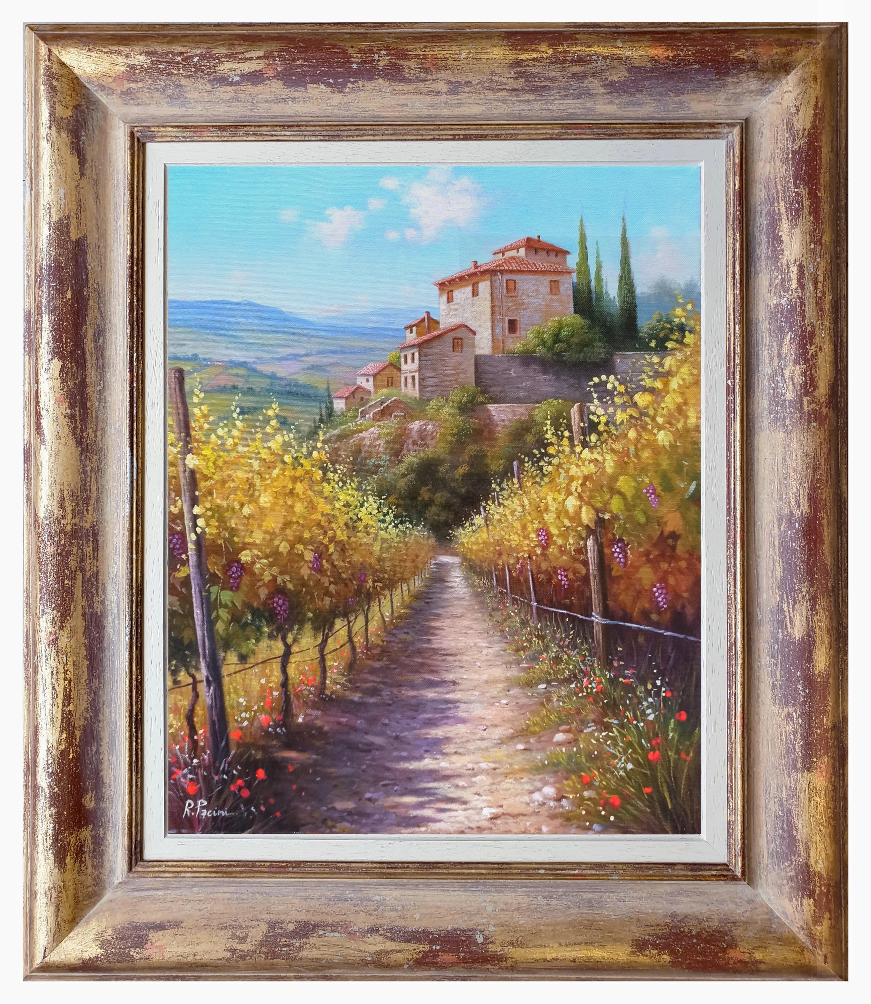 Raimondo Pacini, Light in the vineyard - Tuscany landscape painting & frame Raimondo Pacini, Light in the vineyard - Tuscany landscape painting & frame