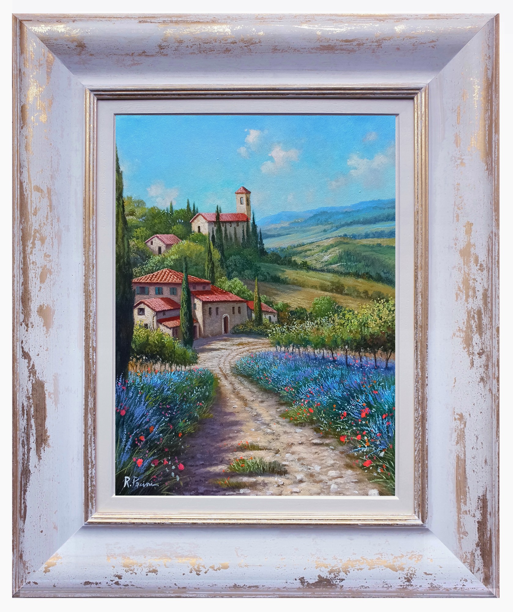 Raimondo Pacini, The lavender road - Tuscany landscape painting & frame Raimondo Pacini, The lavender road - Tuscany landscape painting & frame