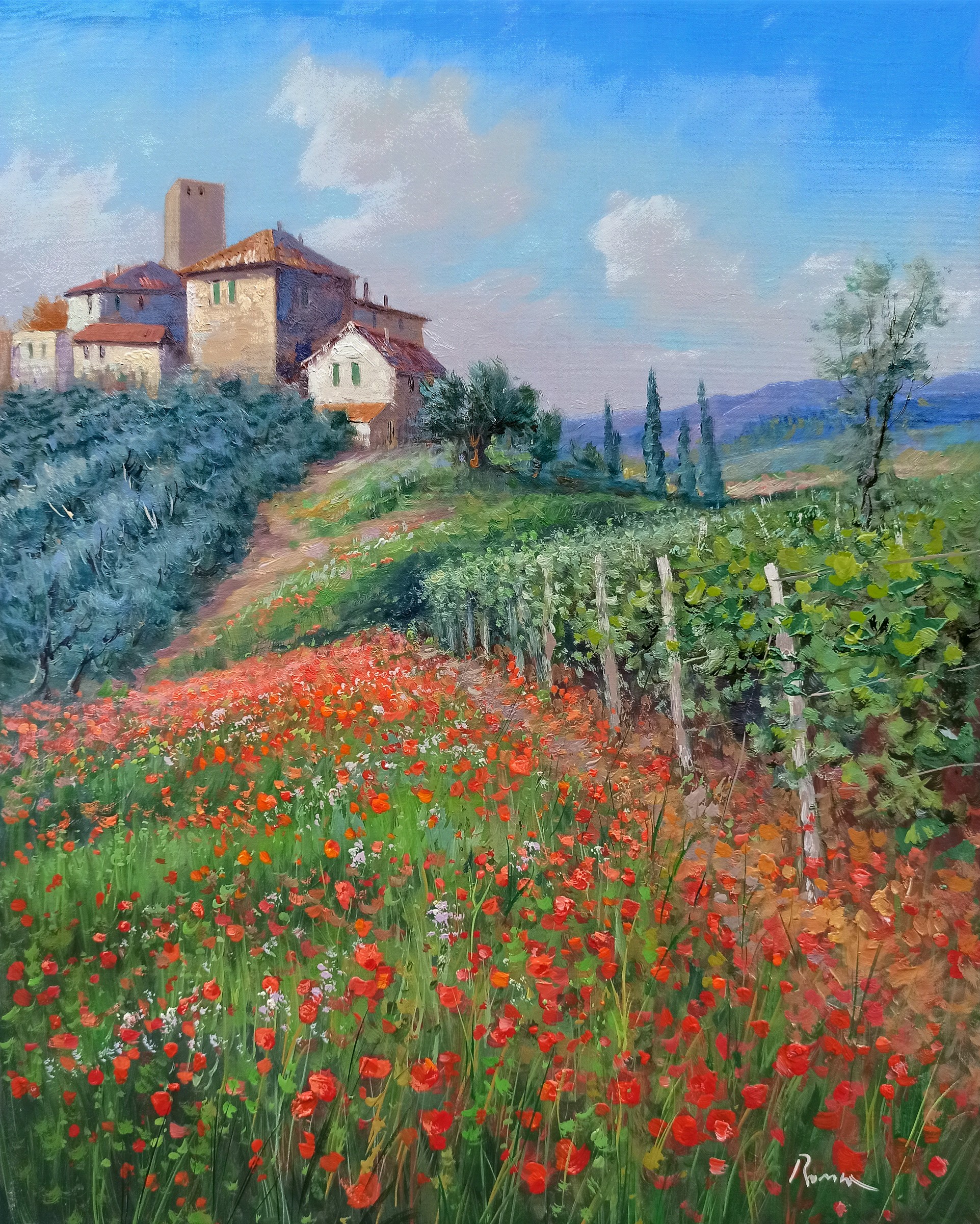 Domenico Ronca, Vineyard & Poppies - Tuscany landscape Domenico Ronca, Vineyard & Poppies - Tuscany landscape