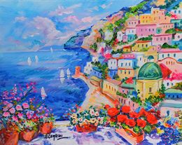 Gemälde, Flowers on the coast - Positano painting, Alfredo Grimaldi