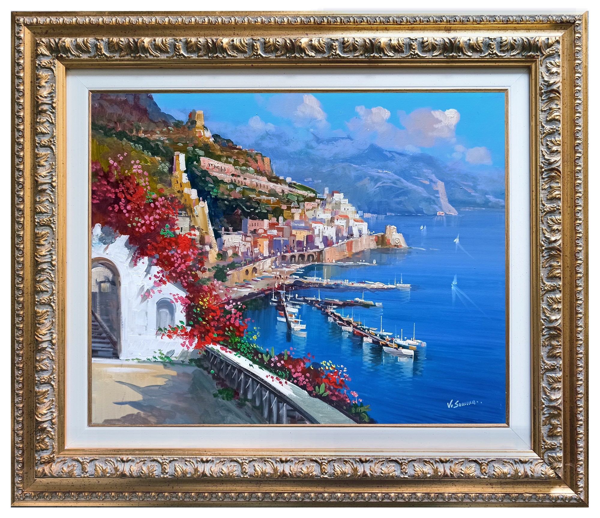 Vincenzo Somma, Seaside lookout - Amalfi Italy painting & frame Vincenzo Somma, Seaside lookout - Amalfi Italy painting & frame