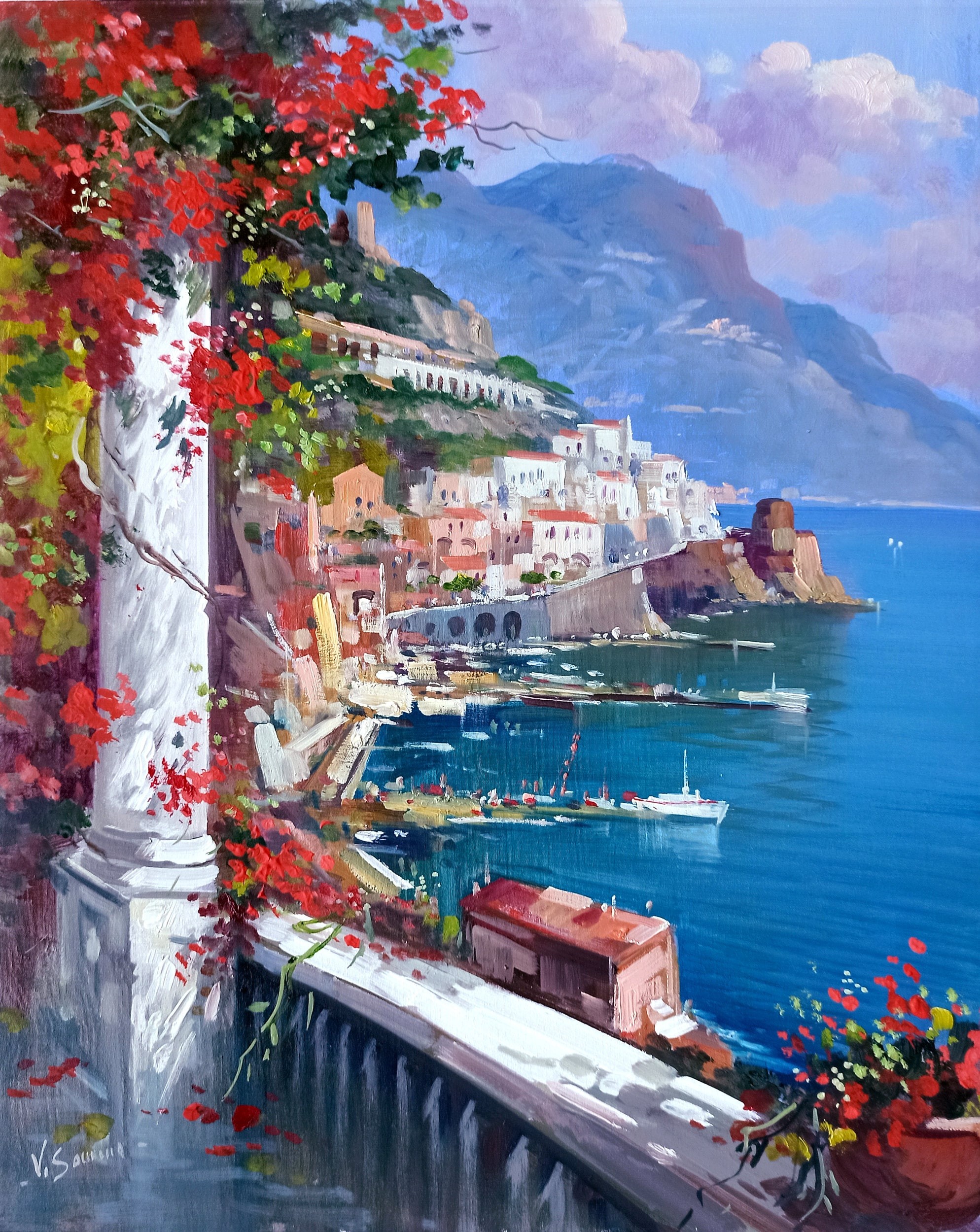 Vincenzo Somma, Amalfi flowered seaside - Southern Italy painting Vincenzo Somma, Amalfi flowered seaside - Southern Italy painting