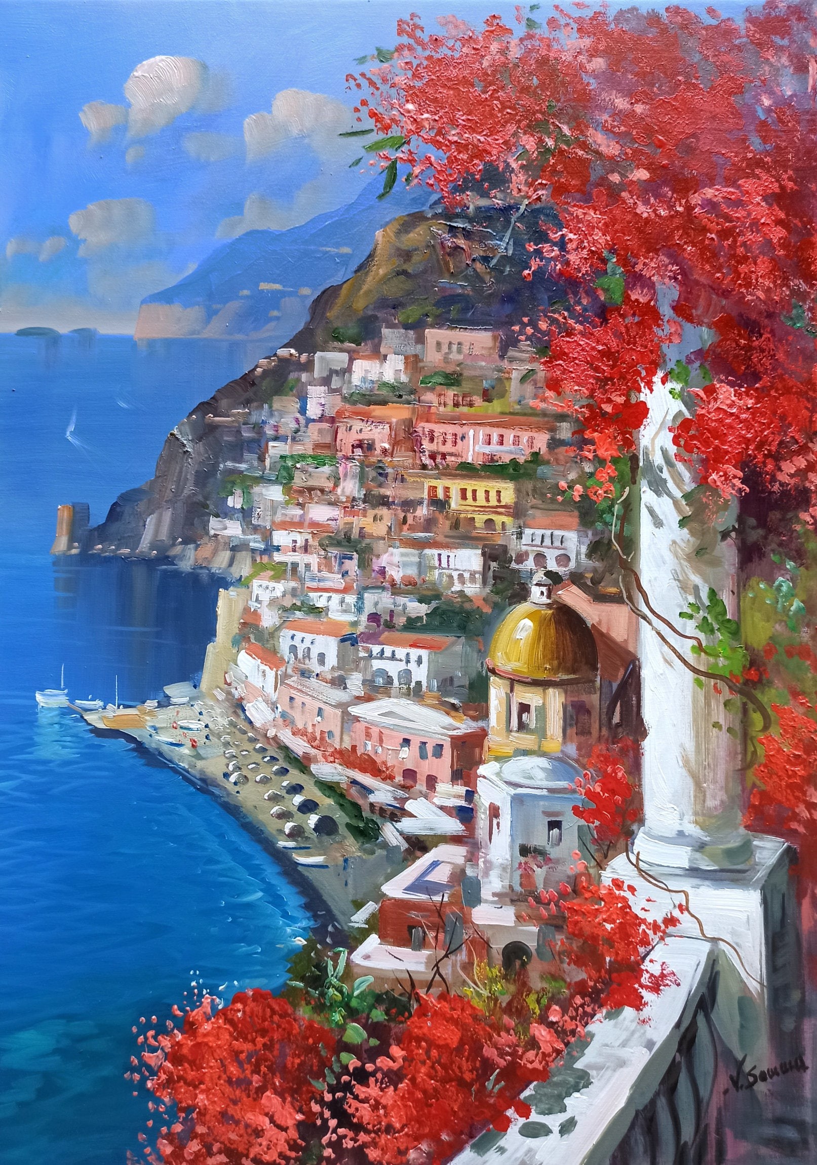 Vincenzo Somma, Positano vertical seaside - Southern Italy painting Vincenzo Somma, Positano vertical seaside - Southern Italy painting