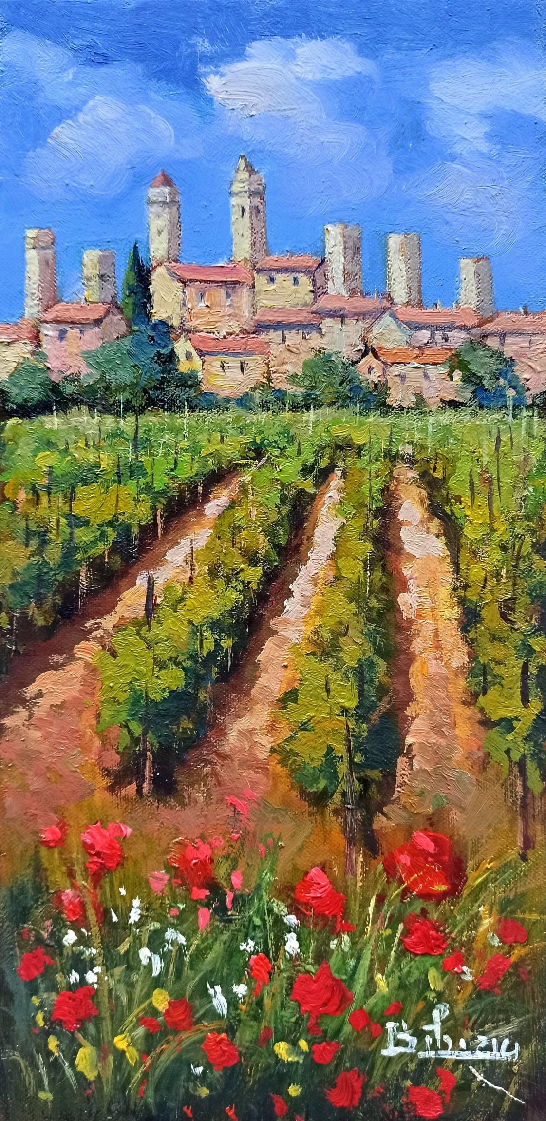 Bruno Chirici, Medieval village with vineyard - Tuscany landscape painting Bruno Chirici, Medieval village with vineyard - Tuscany landscape painting