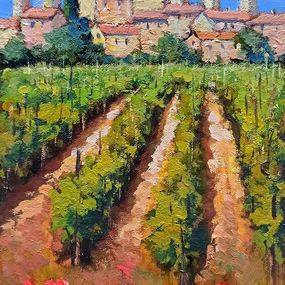 Painting, Medieval village with vineyard - Tuscany landscape painting, Bruno Chirici