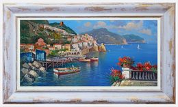 Gemälde, Seaside with boats - panoramic version Amalfi & frame, Vincenzo Somma